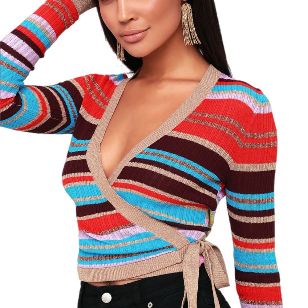 Honey Punch Be Brilliant Colorful Striped Wrap Sweater